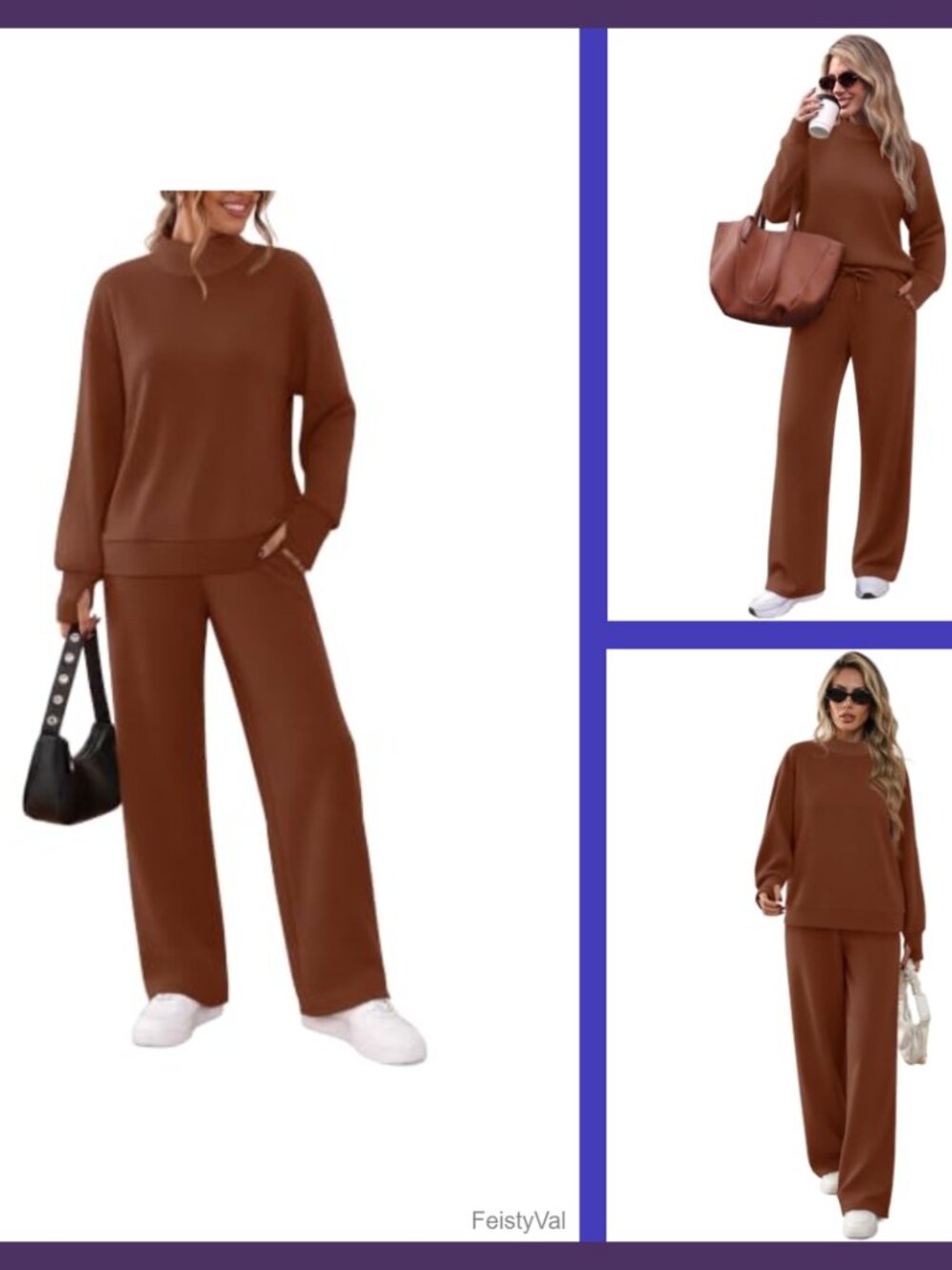Womens 2 Piece Lounge Sweatsuit Set Mock Neck Wide Leg Thumb Hole Travel